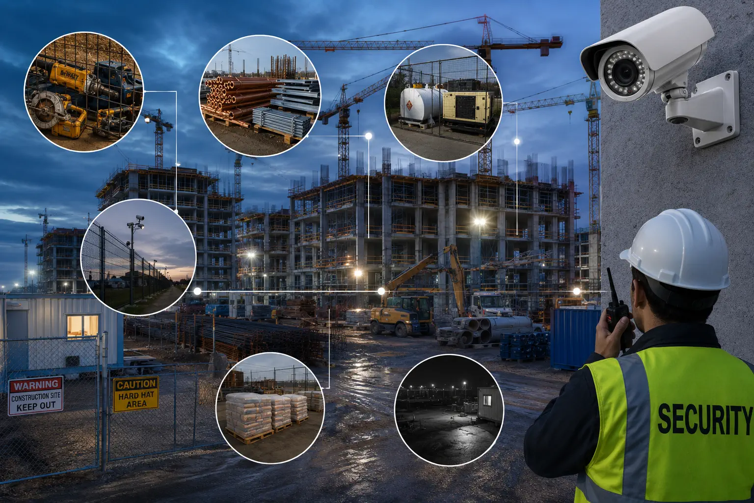 Construction site under camera surveillance at dusk, with a security officer on the radio