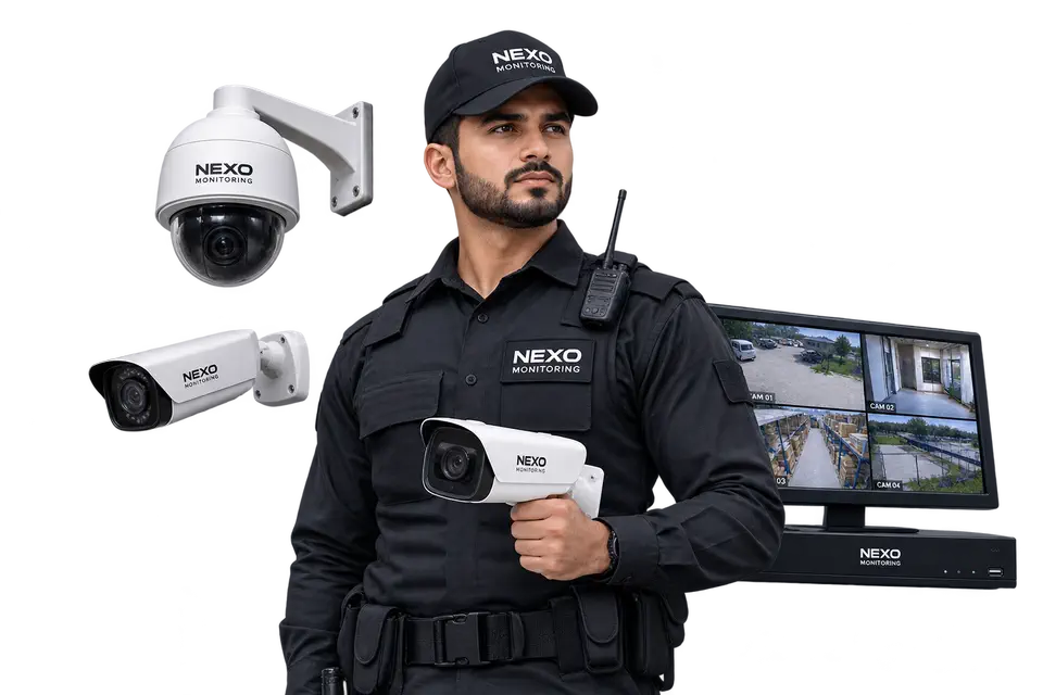 A Nexo Monitoring operator with the cameras, recorder and four-camera live view that make up a managed site.