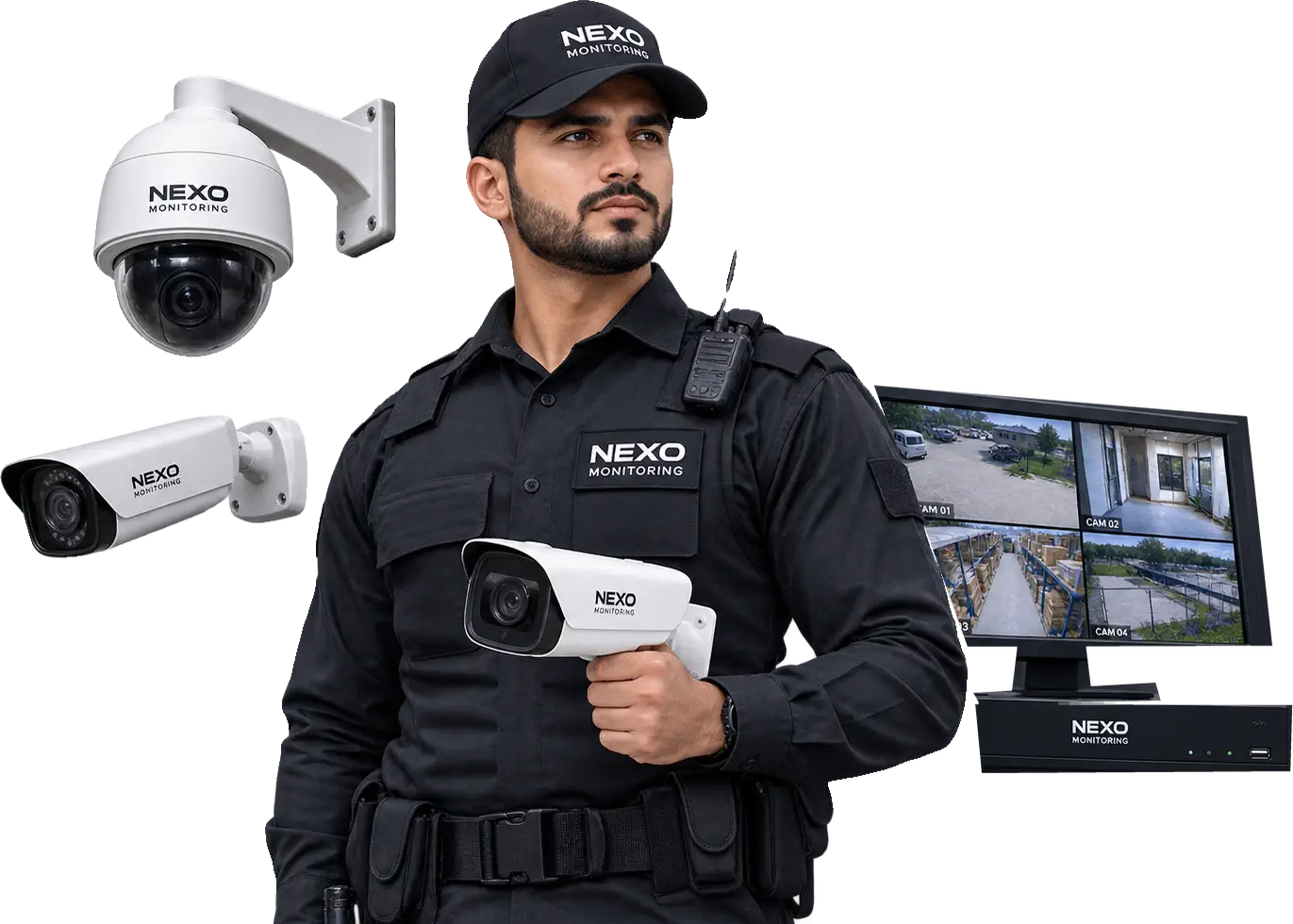 A Nexo Monitoring operator with the cameras, recorder and four-camera live view that make up a managed site.