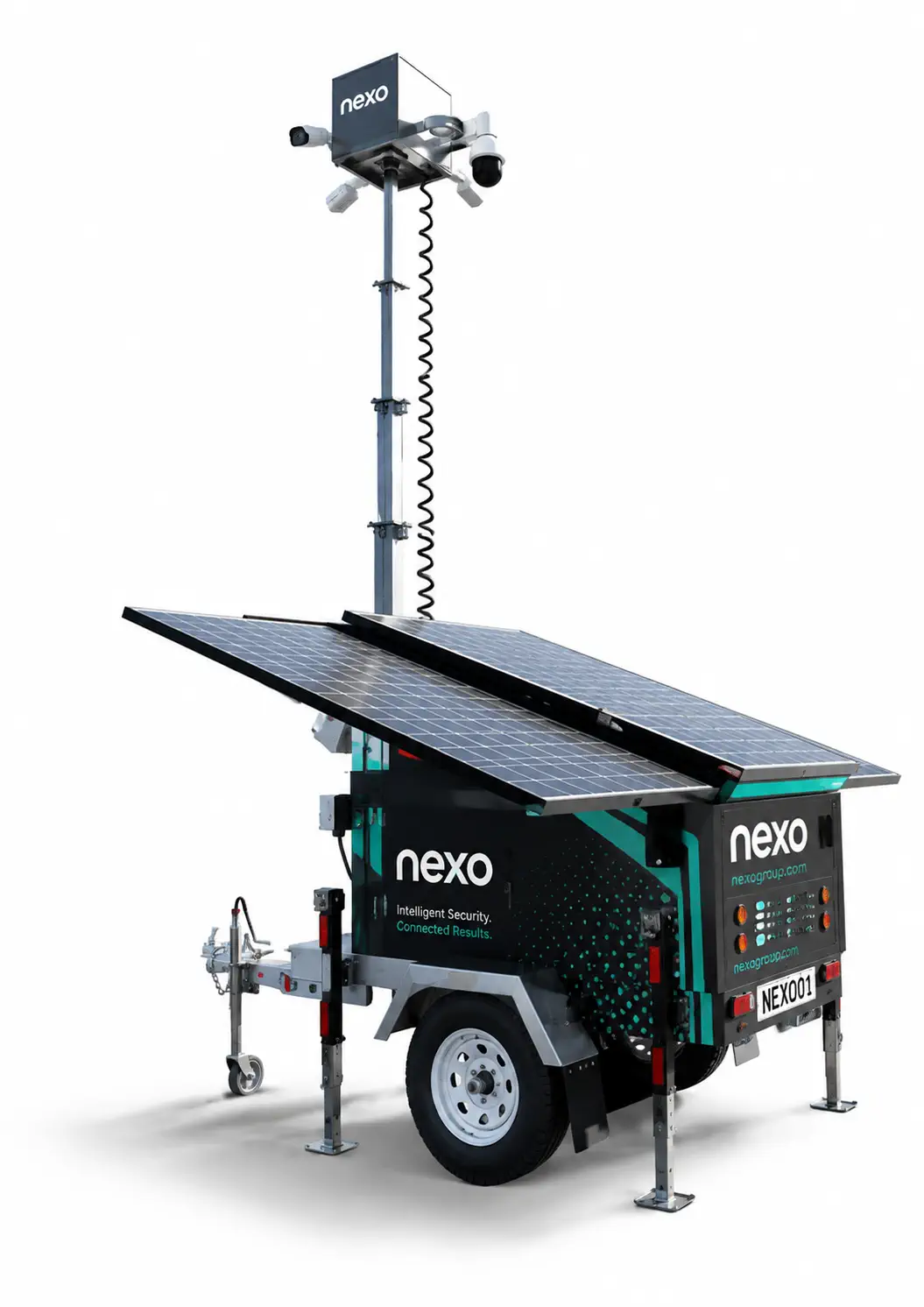 A Nexo solar-powered mobile surveillance trailer with its camera mast raised