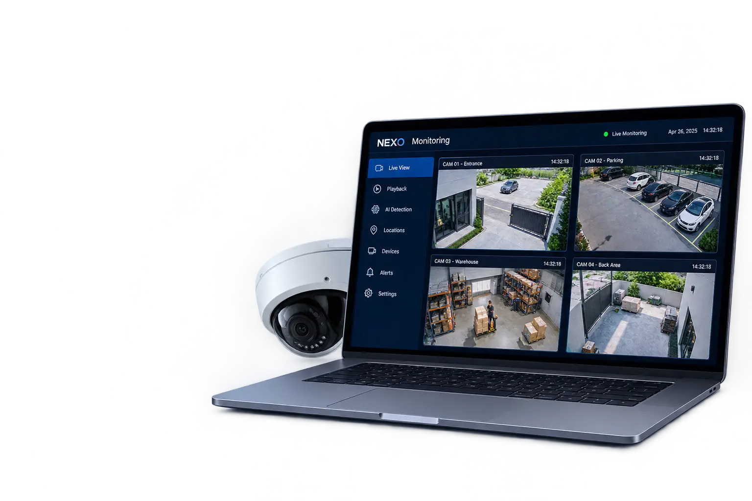 The Nexo monitoring console showing four verified camera feeds — entrance, parking, warehouse and back area — beside a dome camera.