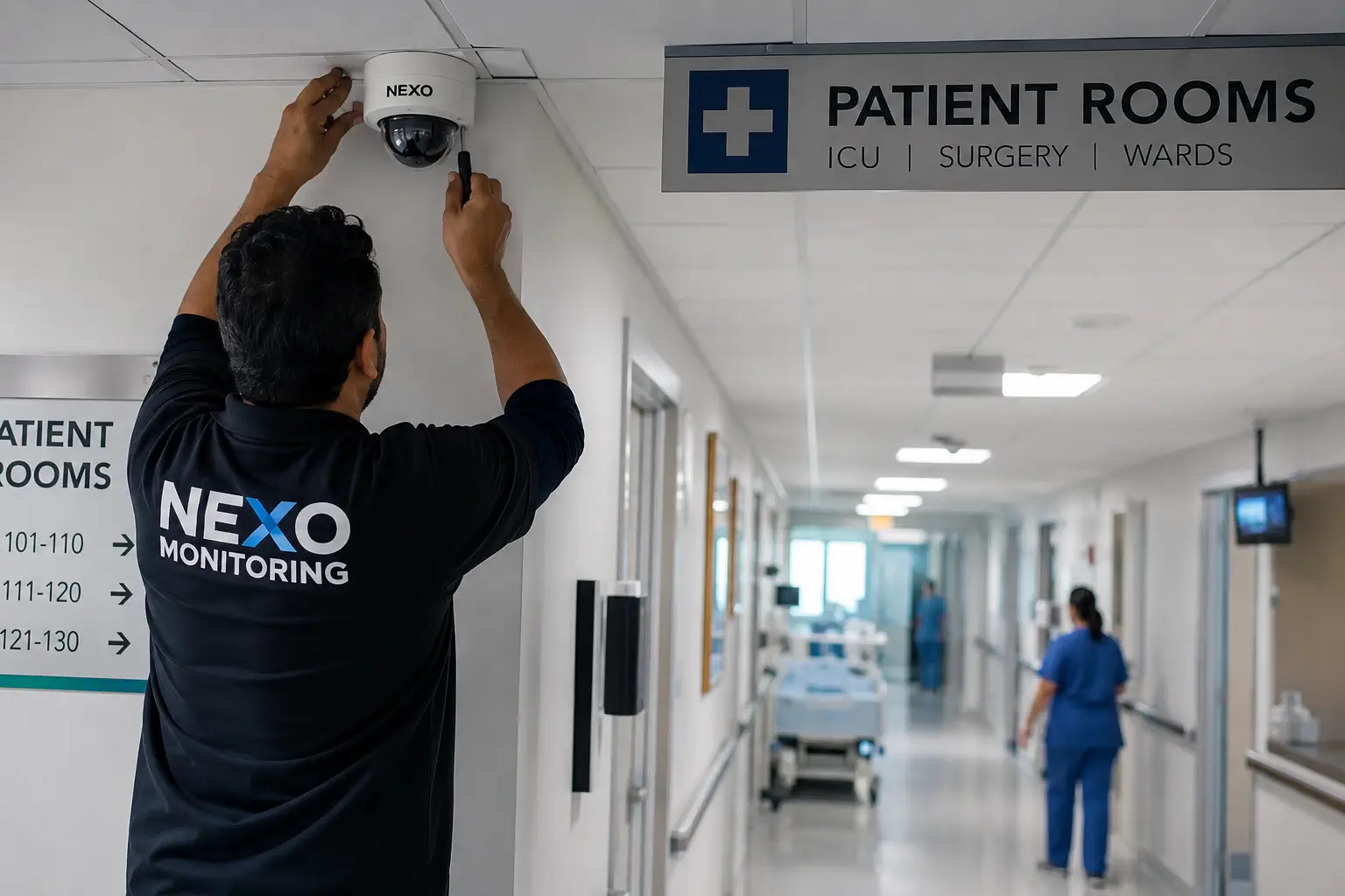 Professional AI camera installation for healthcare security by Nexo